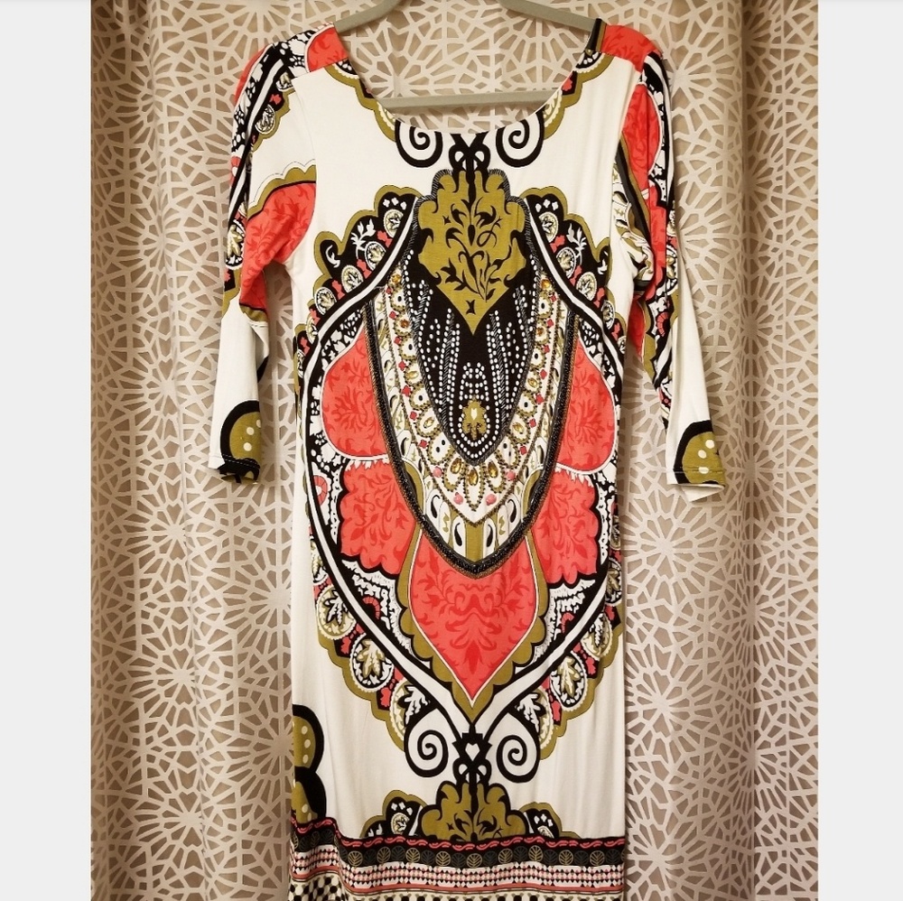 "Joyous & Free" orange, black medium dress